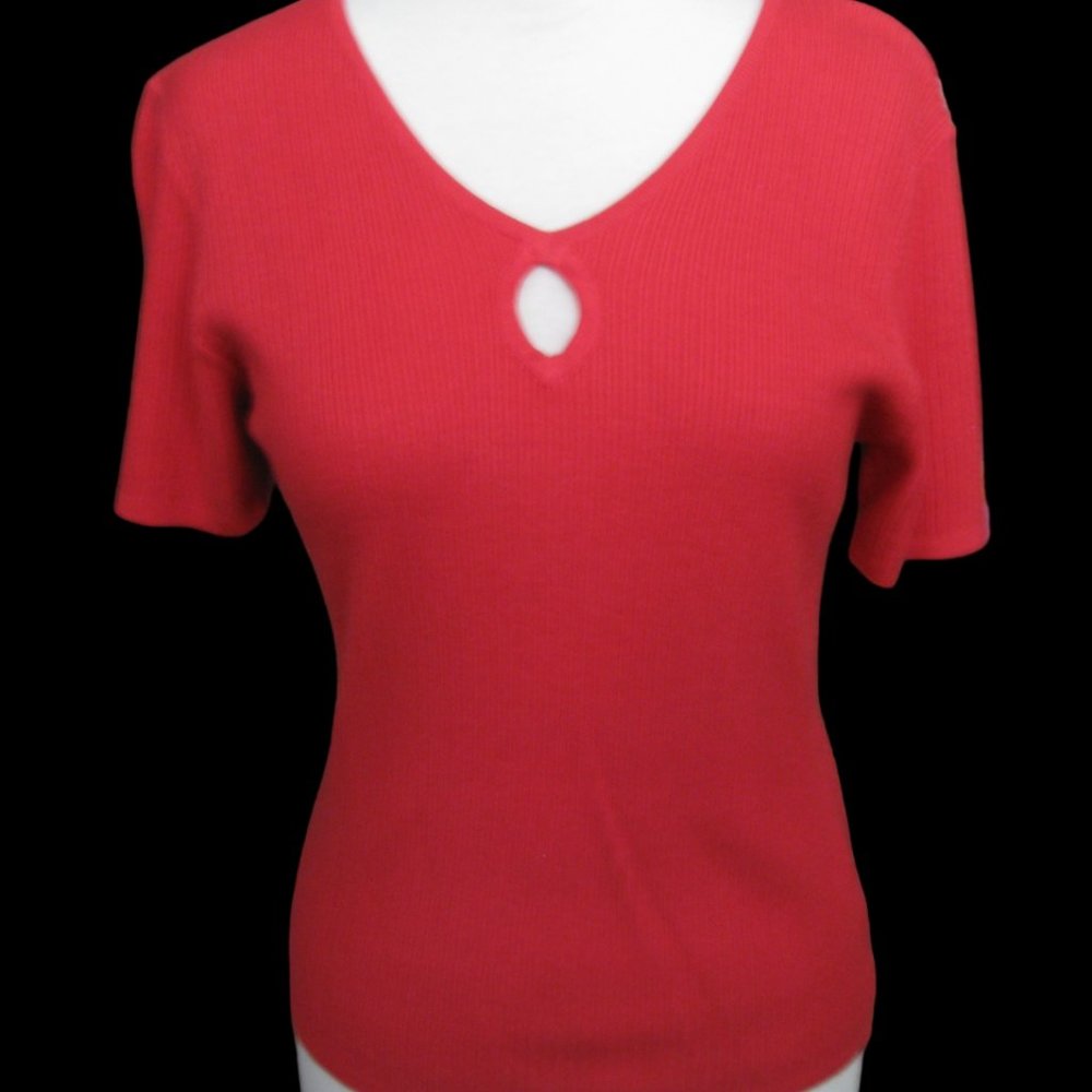 Finity Studio Red V Neck Keyhole Knit Top Short Sleeve Shirt Large Rayon Blend